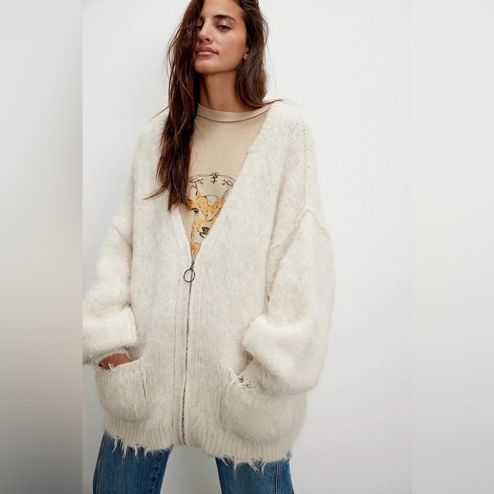 Free People Cream Oversized Fuzzy Zip Teddy Jacket
